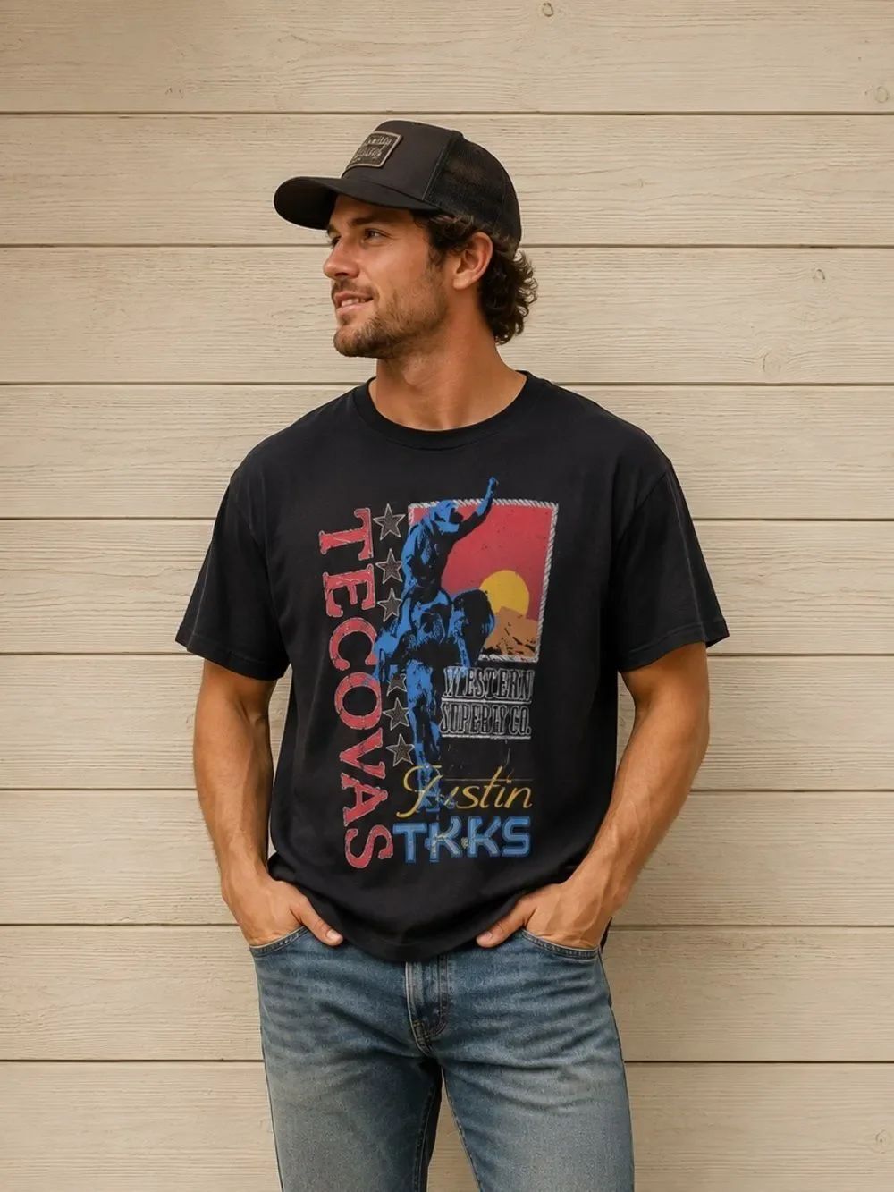 Tecovas Black Short-Sleeve Graphic Tee with Multicolor Rodeo Print